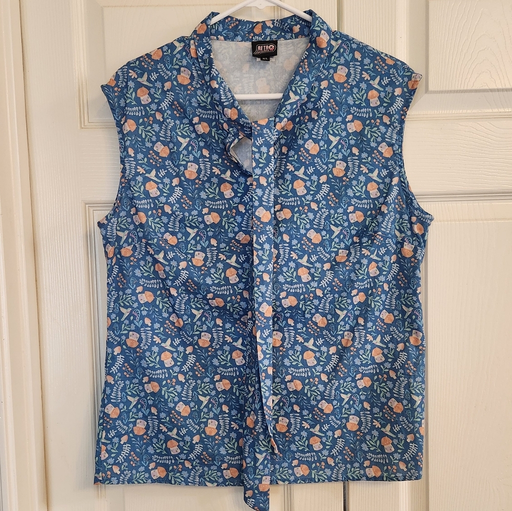 Blue Whimsical Print Tie Top